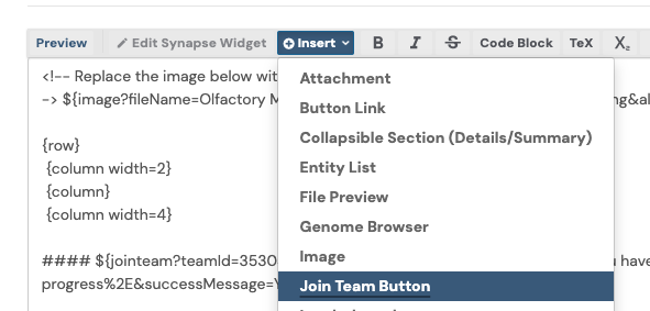Adding a 'Join. Team Button' widget to a Wiki page.
